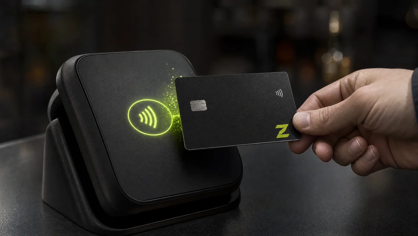 A ZERA cardholder tapping the black and lime card on a contactless terminal.