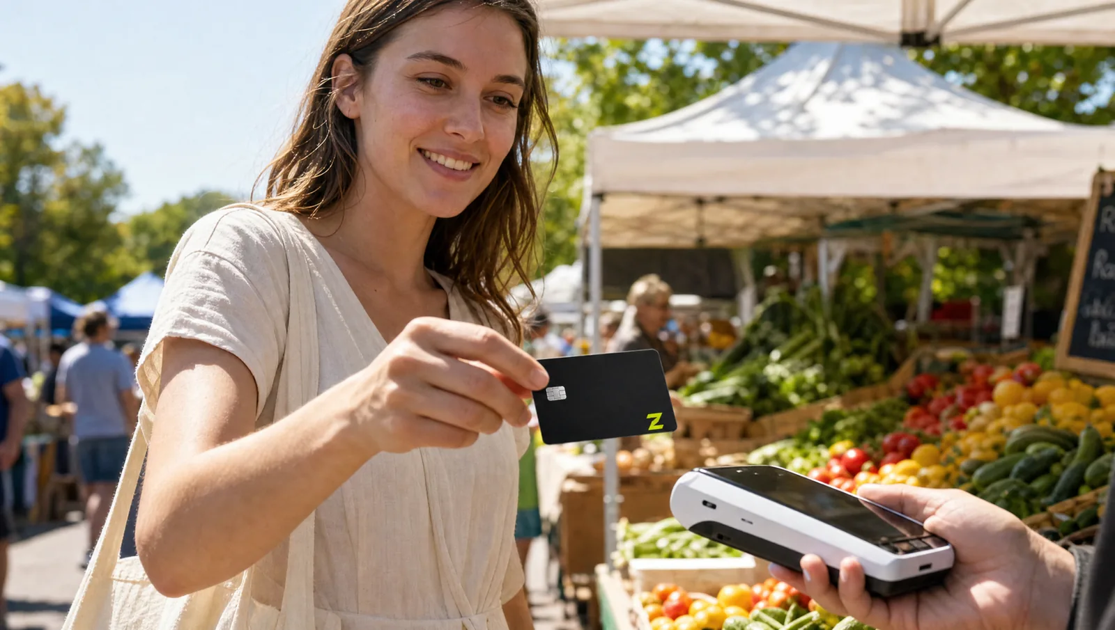 Paying with the ZERA card at a market stall.