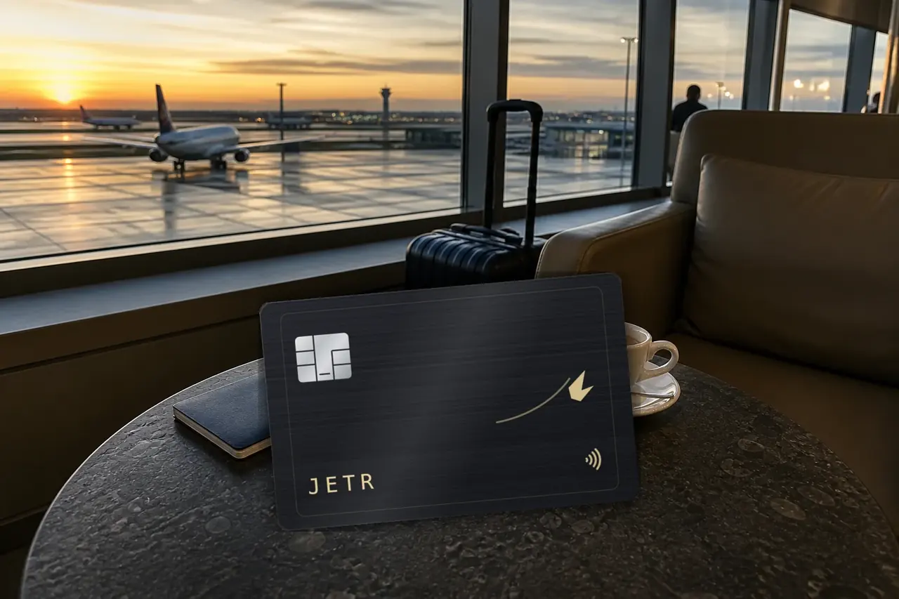 The JETR card on a lounge table at dawn