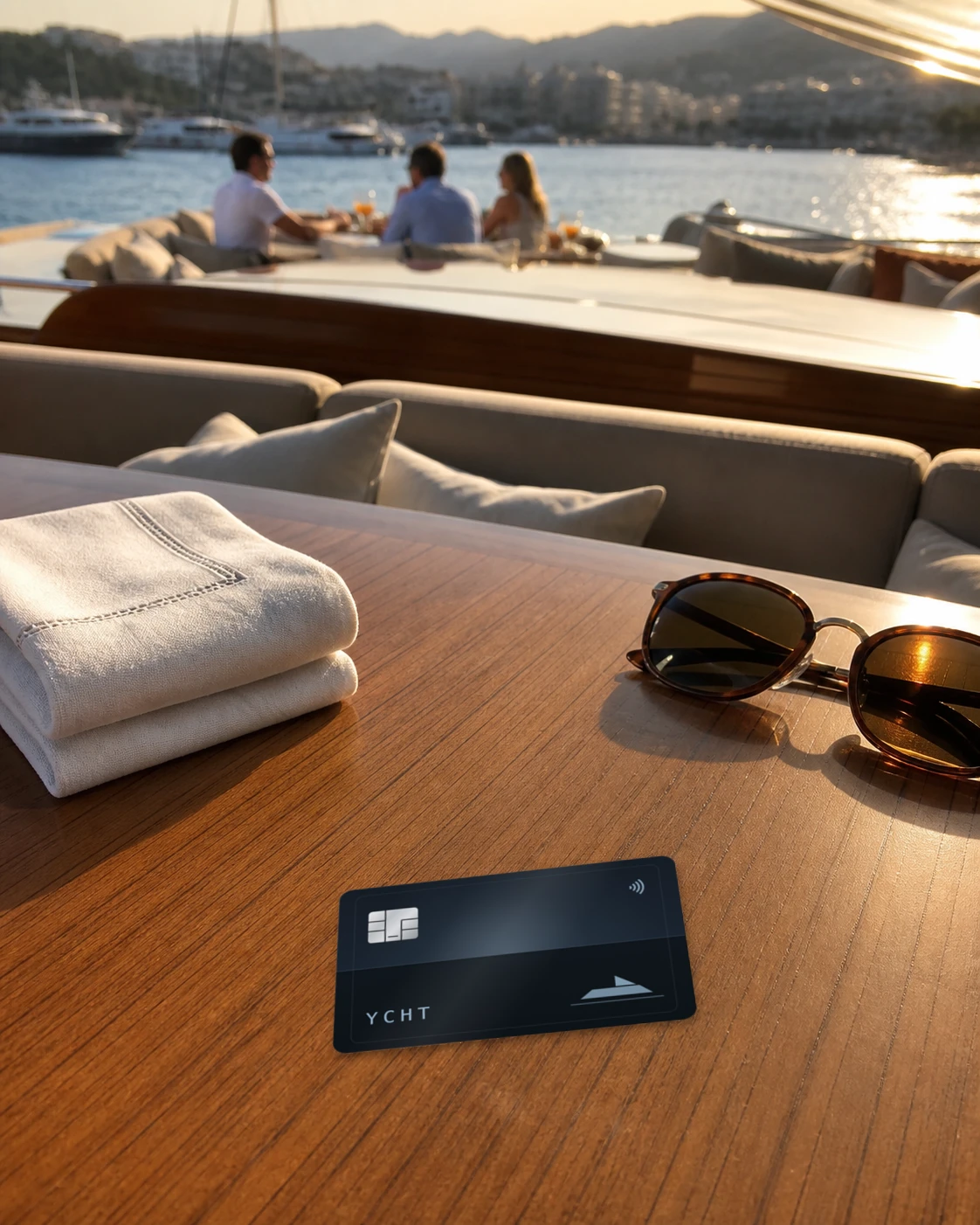 The YCHT card on the teak deck