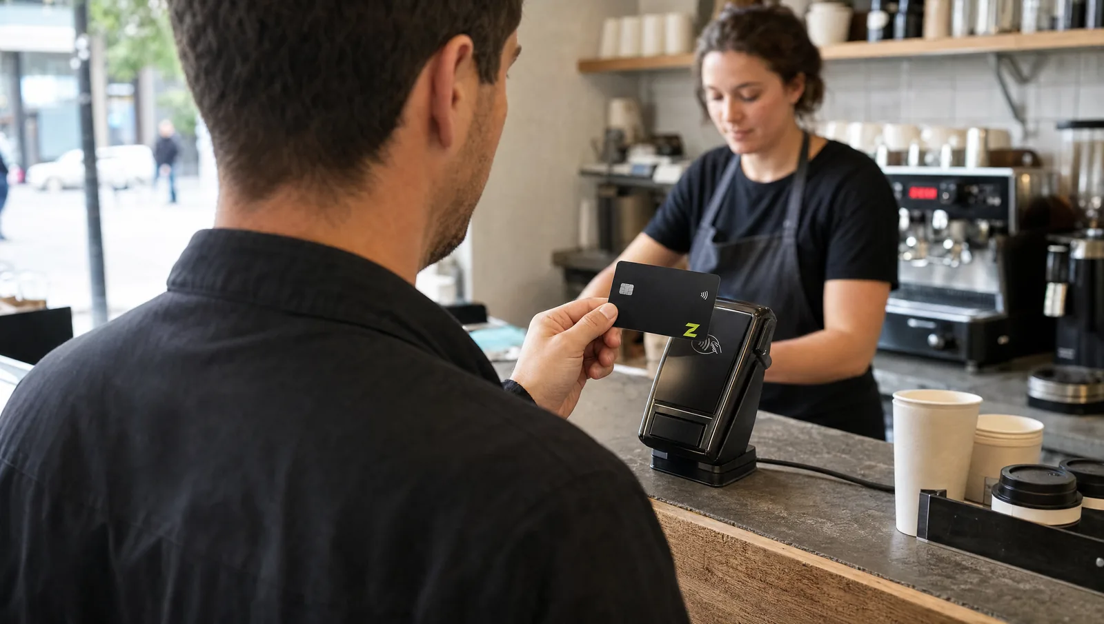 The ZERA card being tapped at a coffee counter