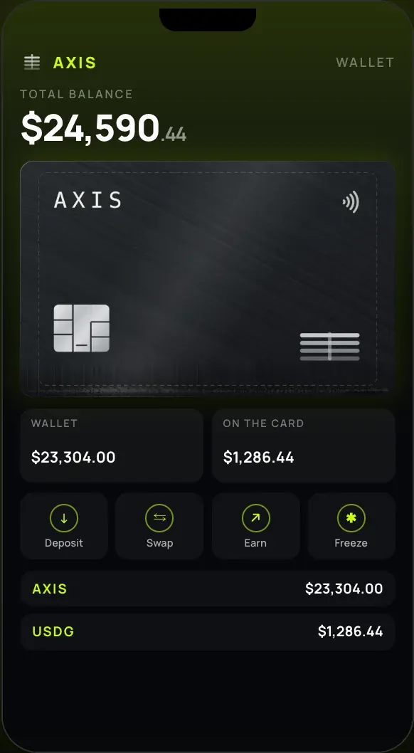 The mobile app — balance, card and actions.