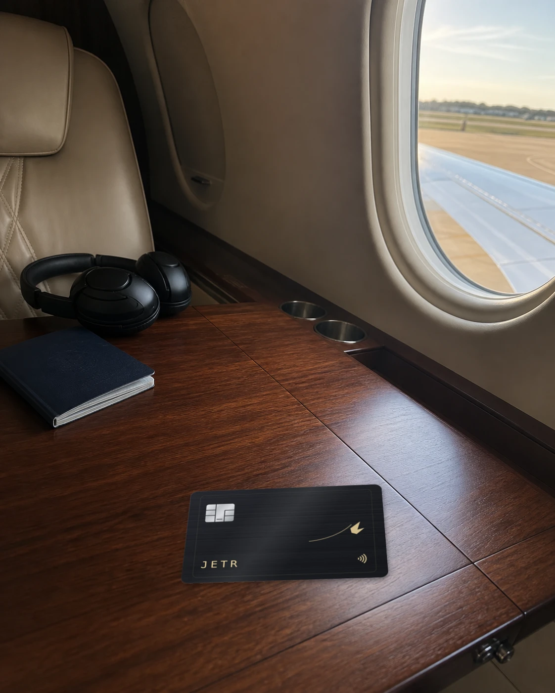 The JETR card on the cabin table beside headphones, wing out of the window.