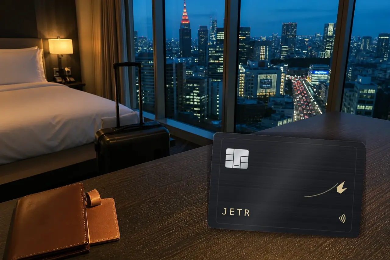 The JETR card on a hotel desk above the city at night