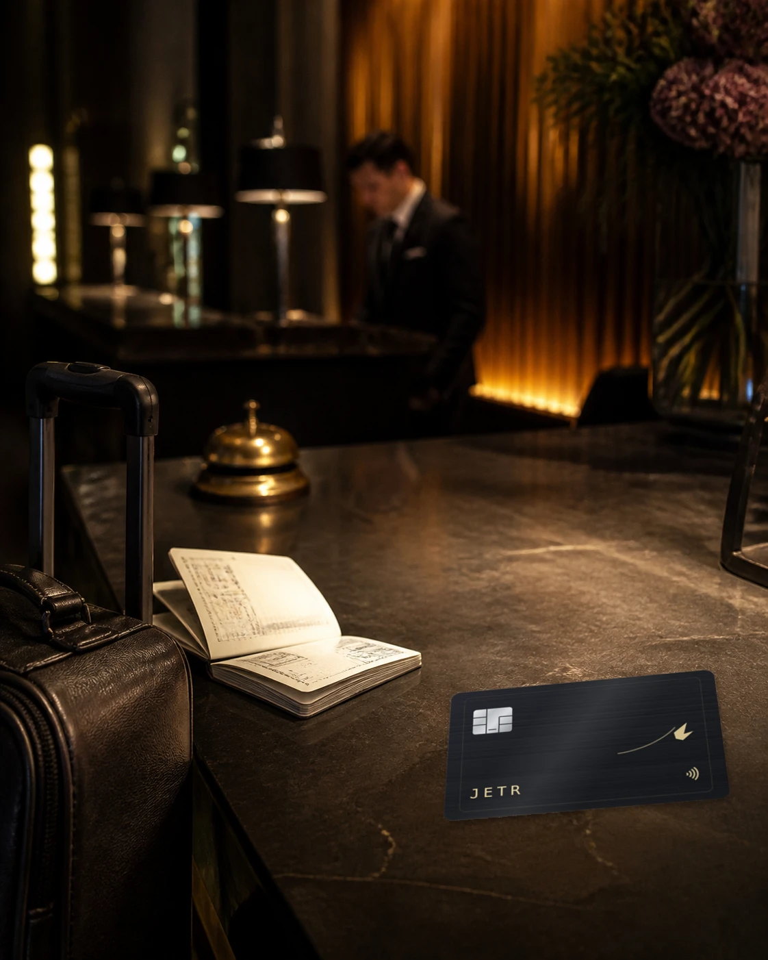 The JETR card on the hotel front desk at check-in