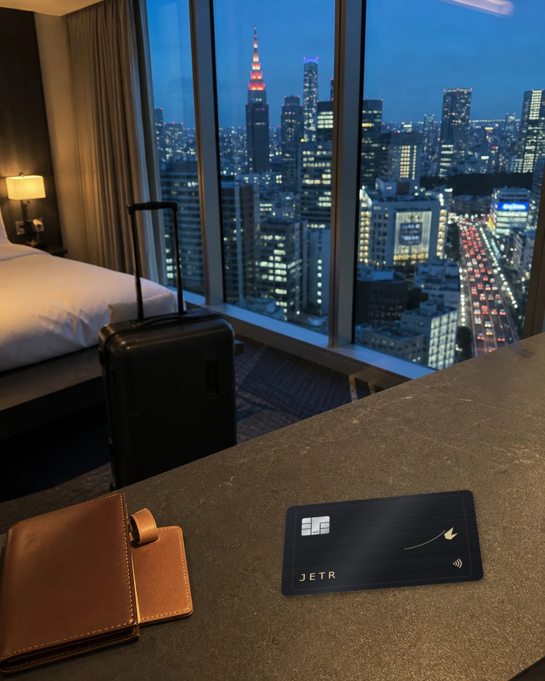 The JETR card on a hotel room desk