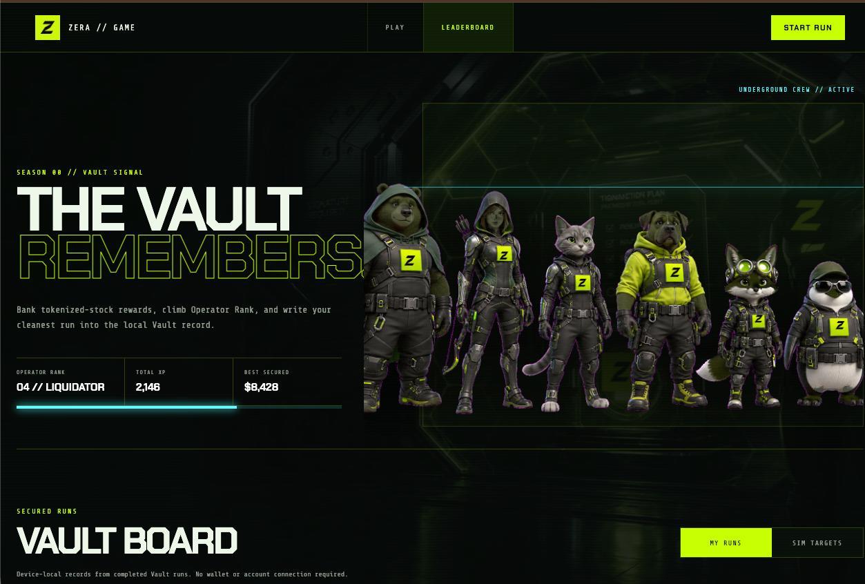 The ZERA game lobby showing the operator crew, Operator Rank and the vault board.