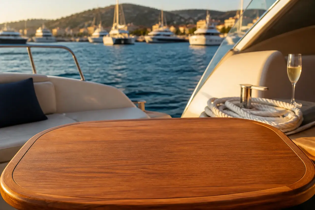 The deck of a yacht at the Palm Beach marina at dusk.